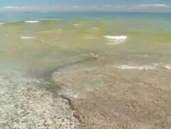 MS PAN Shot of Waves breaking on limestone beach / Milford, Ontario, Canada Stock Footage