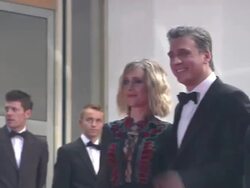 (L-R) Alma Zack, Lior Ashkenazi, Joseph Cedar, Micah Lewensohn, Yuval Scharf, Shlomo Bar Aba, David Mandil at the Hearat Shulayim Red Carpet Arrivals: 64th Cannes Film Festival at Cannes . (Footage by WireImage Video/GettyImages) Stock Footage