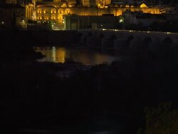 TU LS night from Guadalquivir river to Cathedral-Mosque, and Cathedral Stock Footage