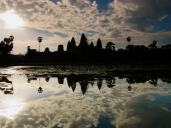 T/L, WS, sunrise reflection Angkor Wat Temple / Siem Reap, Cambodia Stock Footage