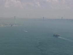 AERIAL WS 25 de Abril Bridge over Tagus / Cascais, Lisbon, Portugal Stock Footage