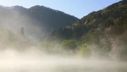 Wet fog moving over Seryangji lake(Reservoir in the Hwasun) Stock Footage