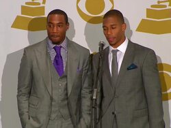SPEECH: Victor Cruz and Mario Manningham on the GRAMMY show, on winning the Super Bowl winners, and on Whitney Houston at the 54th Annual GRAMMY Awards - Press Room on 2/12/12 in Los Angeles, CA Stock Footage