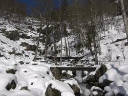 MS Shot of Todtnau waterfall with bridges at Schwarzwald in winter / Todtnau, Baden Wurttemberg, Germany  Stock Footage