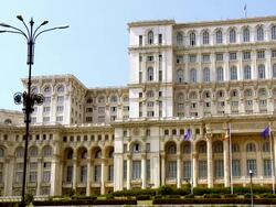 MS PAN View of romanian parliament building / Bucharest, Romania Stock Footage