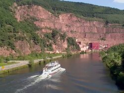 WS View of cruise ships on river Saar near Saarburg country / Taben-Rodt, Saar-Valley, Rhineland-Palatinate, Germany Stock Footage