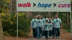Volunteers walk toward camera under charity banner Stock Footage