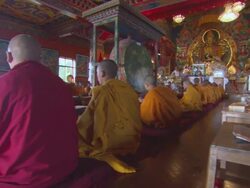 MS PAN Young monks meditating in Kopan Monastery / Kathmandu, Central, Nepal Stock Footage