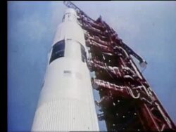 low angle close up of Apollo 17 rocket on launch pad Stock Footage