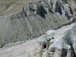 Aerial the ruins of Qumran in the Judea Desert near the Dead sea, Israel Stock Footage