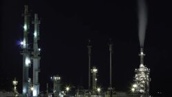 Fumes rise form a petroleum refinery at night. Stock Footage