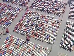 WS AERIAL DS View of Container Terminals / Bremerhaven, Lower Saxony, Germany Stock Footage