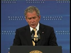 President George W. Bush defends free markets in a speech in Manhattan, saying the answer to current economic woes is not to reinvent the system but to fix problems, make reforms and move forward with capitalist-based principles. News Clip