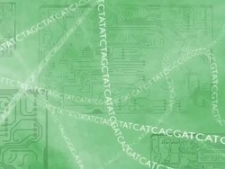 DNA code swirling over a backdrop of electrical circuitry. Stock Footage