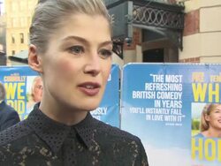INTERVIEW - Rosamund Pike on dressing for pregnancy, the midgets on set and how it affected filming, opening the New York Film Festival with 'Gone Girl' at 'What We Did On Our Holiday' UK film premiere Stock Footage