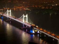 WS T/L View of Gwangandaegyo bridge at night / Busan, Gyeongsangnam-do, South Korea Stock Footage