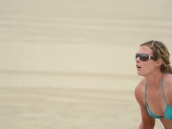 MS PAN TU TD Women playing beach volleyball at net / Redondo Beach, California, United States Stock Footage