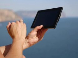 Tablet PC against the coast Stock Footage