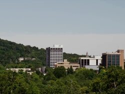 Long shot, downtown buildings protrude from the trees forming the Fayetteville AR skyline Stock Footage