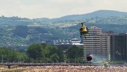 Emergency fire fighting helicopters near the beach Stock Footage