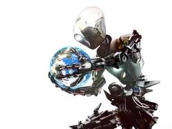 Robot cyborg ponders planet Earth Stock Footage