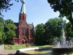 Church with Park and Fountain Stock Footage