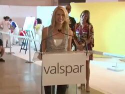 SPEECH: Claire Danes on painting during today's event with models. at the Claire Danes Launches Valspar's New Hi-Def Paint and Exhibition Stock Footage