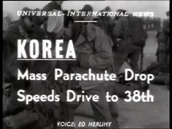 B/W 1950's soldiers strapping on parachutes / Korea / Graphics superimposed / NO SOUND Stock Footage