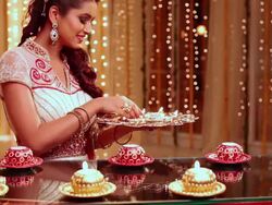 Young woman burning candles in diwali festival Stock Footage