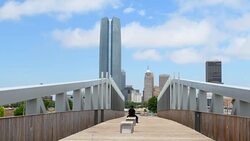 Oklahoma City Oklahoma OK, OKC, city skyline from Sky Dance Bridge over Expressway of downtowm Stock Footage