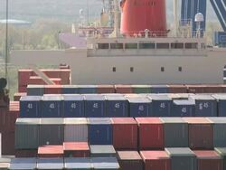 MS View of container ships at container terminal Altenwerder / Hamburg, Hamburg, Germany Stock Footage