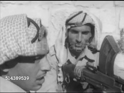 1952: BEIRUT, LEBANON: VS American University of Beirut students sitting outside talking (No SOT). MS Arab Legion border guards w/ weapon, MS Refugee, CU Arabic males, WS Arab male in traditional clothing sitting FG w/ oil field gas fires burning BG. Instructional Video