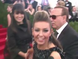 INTERVIEW - Thalia talks about wearing Tommy Hilfiger for the carpet at "PUNK: Chaos To Couture" Costume Institute Gala Stock Footage