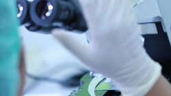 Researchers using a microscope in laboratory Stock Footage