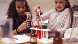 Schoolgirls conducting scientific experiment science laboratory classroom Stock Footage