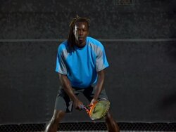 SLO MO, MS, TU, TD, Man on tennis court, Santa Barbara, California, USA Stock Footage