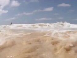 WS View of beach with huge waves / Santa Maria, Sal, Cape Verde Stock Footage