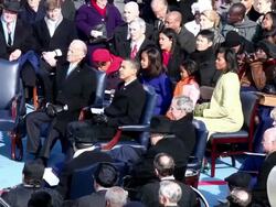 January 20, 2009 Joe Biden, Barack Obama, Michelle Obama, their daughters Malia and Sasha, George W. Bush, and Dick Cheney watch ceremony at Obama's inauguration/ Washington DC/ AUDIO Stock Footage