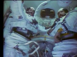 2 astronauts with mustaches in spacesuits / Shuttle Stock Footage