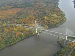 MS AERIAL View of Penobscot Narrows and old bridge / Maine, United States Stock Footage