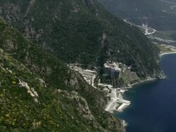 WS AERIAL View of Moni Agh.Pavlou monastery / Mt. Athos, Macedonia, Greece Stock Footage