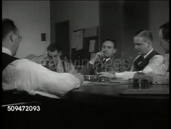 1936: U.S. FORTUNE SURVEY: ROPER STAFF: INT MS Elmo Roper (C) at desk w/ staff, Editor Eric Hodgins FG. CU Survey w/ questions. REPRISAL: VS Roper & staff agreeing on unbiased questions about New Deal program (SOT). FDR, New York City Instructional Video