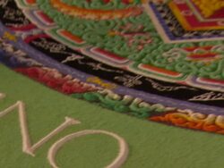 CU TU ZO Corner of sand mandala reads one and monks standing near mandala  / Kathmandu, Central, Nepal Stock Footage
