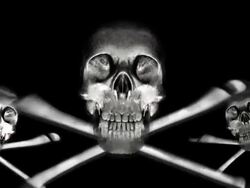 Three skulls and bones over black Stock Footage