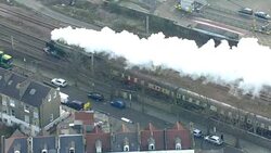 Aerials -  The Flying Scotsman's inaugural run from London to York after a 10-year refit has been ground to a halt by trespassers with Network Rail having to close the East Coast Mainline News Clip