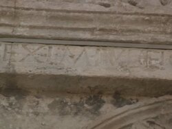 A stone inscription shows evidence of weathering on Les Antiques of Glanum at Saint Remy de Provence in France. Stock Footage