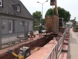 MS Shot of workmen Engraving on street for works at sewage pipe / Saarburg, Rhineland Palatinate, Germany Stock Footage