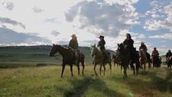 Female ranchers horseback riding in sunny remote rural field Stock Footage
