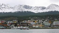 Landscape shot of Ushuaia township and waterfront, Patagonia Stock Footage