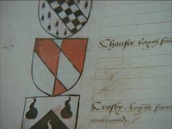 Coats of Arms of Geoffrey Chaucer and William Shakespeare, England, UK Stock Footage